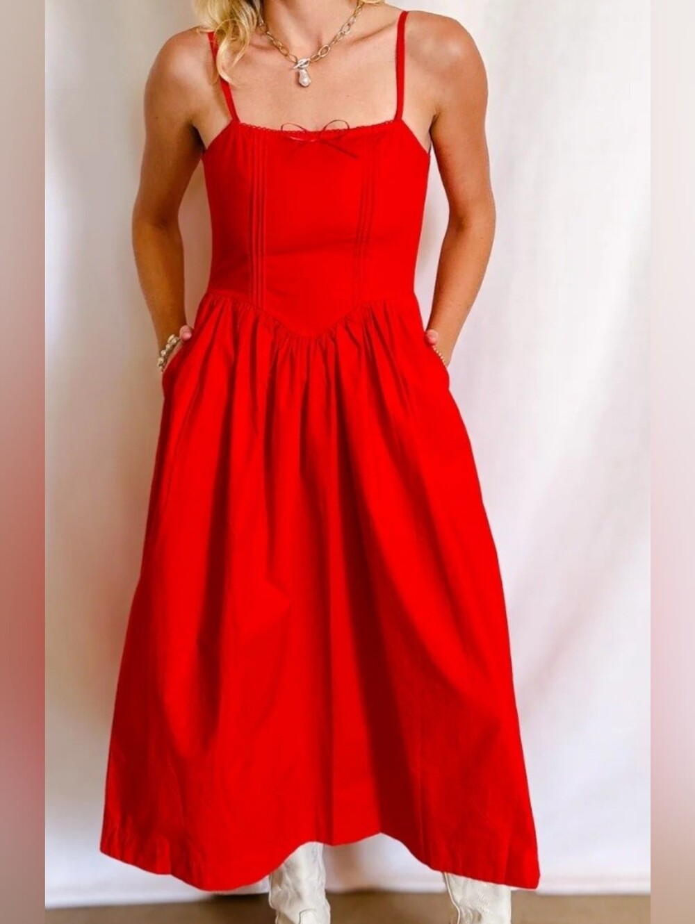Olivaceous Red Spaghetti-Strap Midi Dress